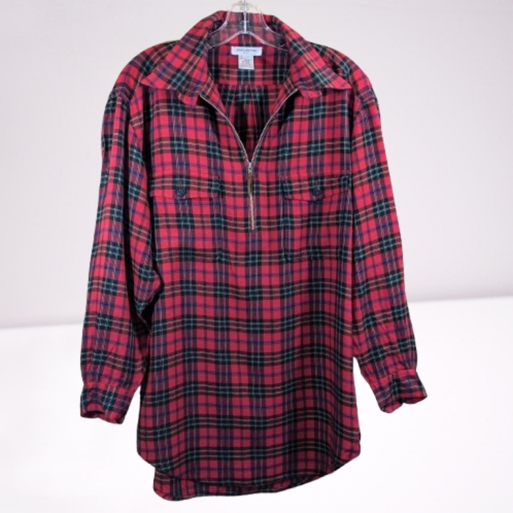 Jones NY Sport Flannel Shirt Tunic Red Plaid Tartan Quarter Zip Popover …